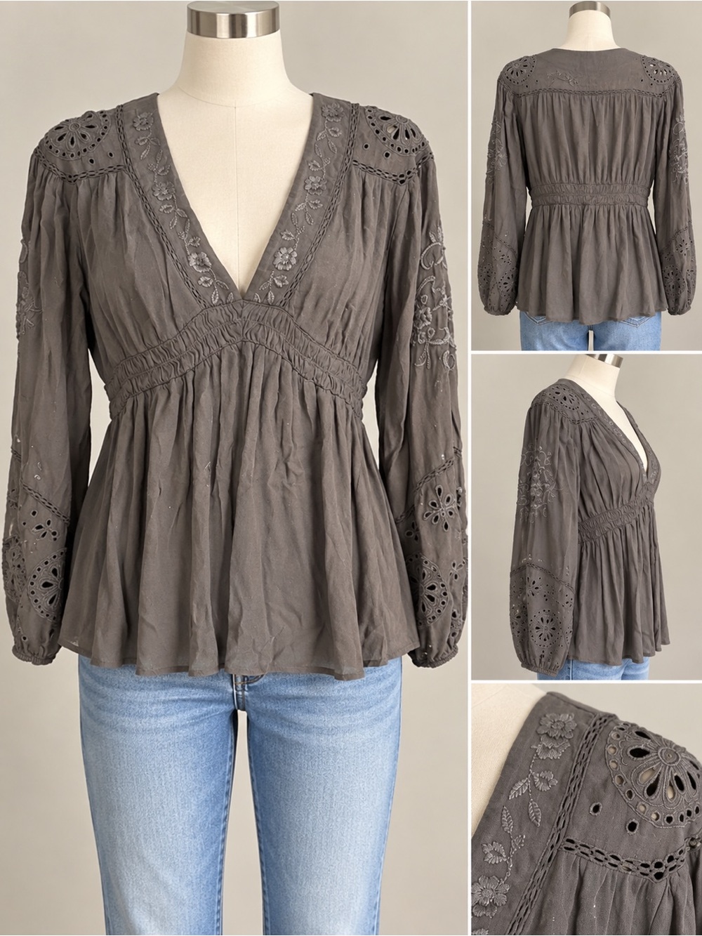 Lucky Brand Black Embroidered Eyelet Boho Peasant Blouse Size M